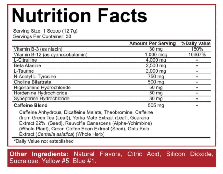 5150 High Stimulant Pre Workout Supplement Facts