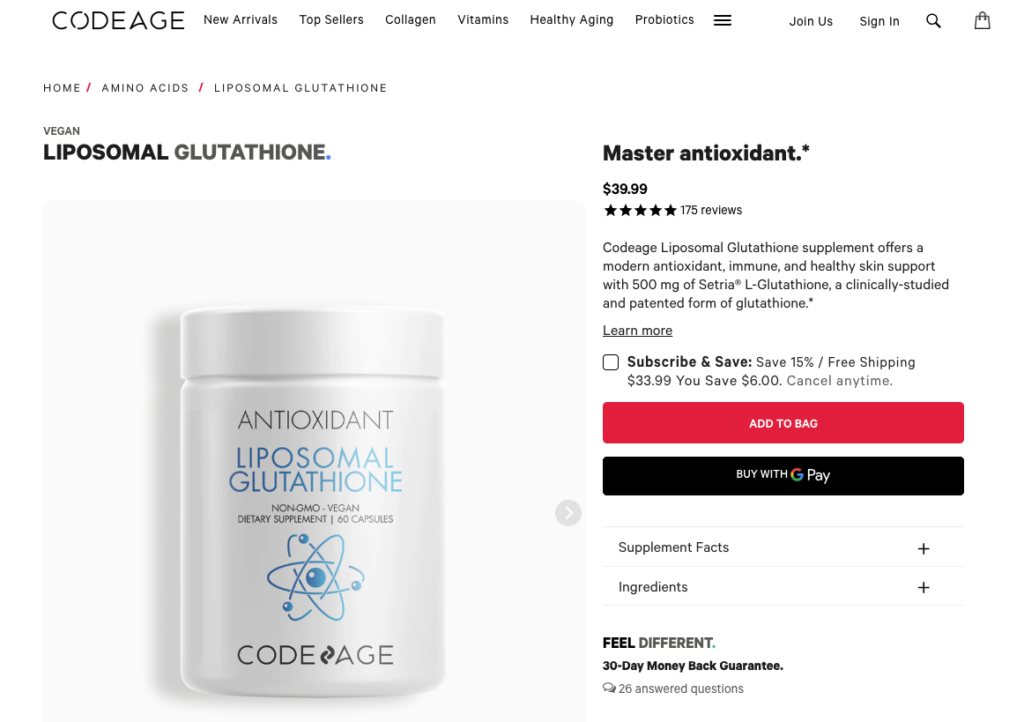 Codeage Liposomal Glutathione Website
